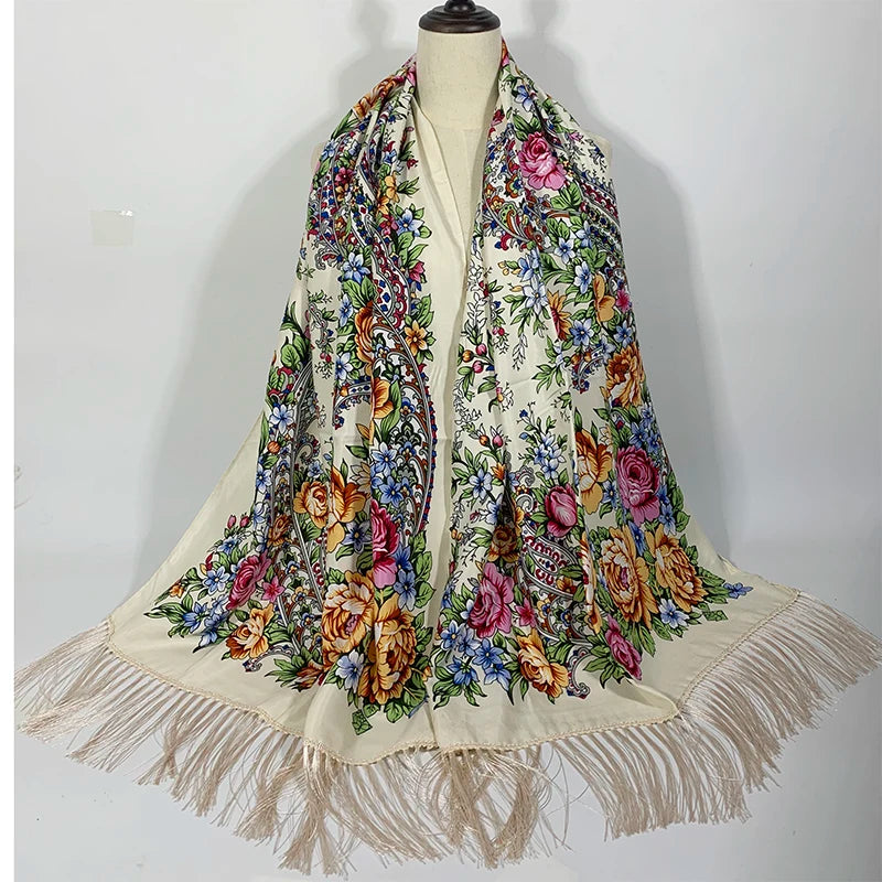 Châle Foulard Russe Crème et Multicolore 