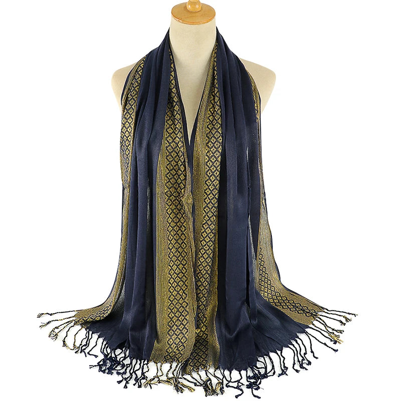 Foulard Pashima Femme - Bleu Marine et Doré - 170*60cm