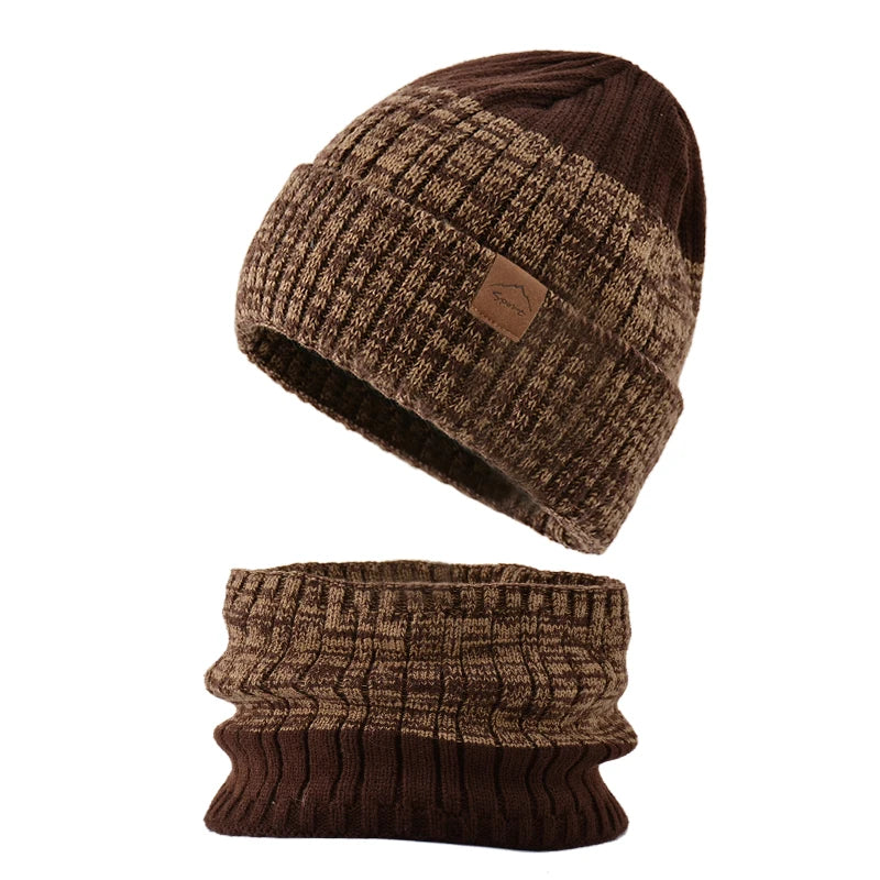 Ensemble Bonnet Snood Tricot Femme Marron et Beige 