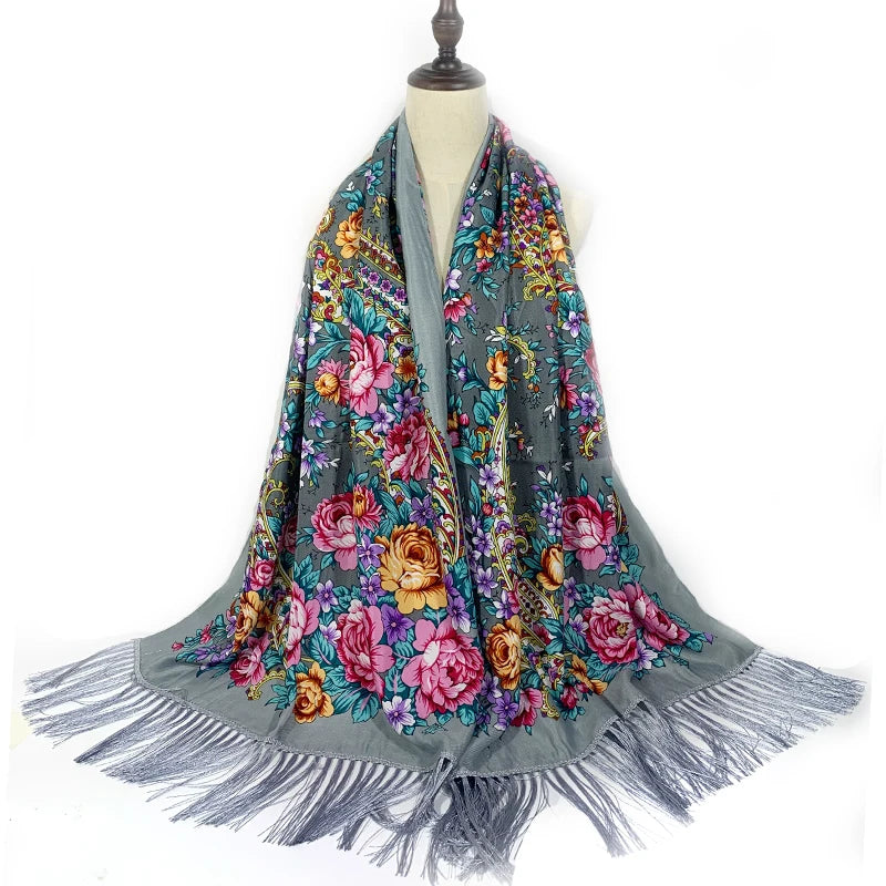 Châle Foulard Russe Gris et Fuchsia 