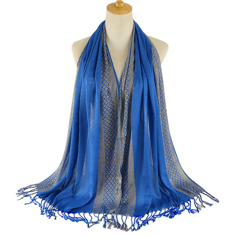 Foulard Pashima Femme - Bleu Royal et Doré - 170*60cm