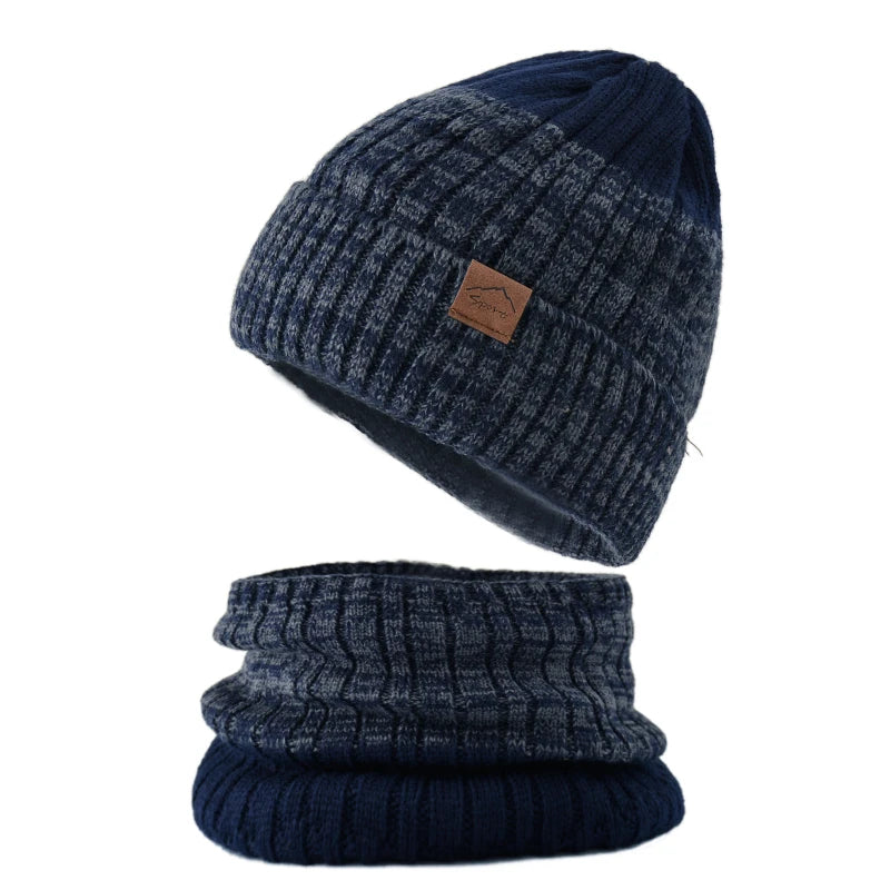 Ensemble Bonnet Snood Tricot Femme Gris Foncé et Bleu Marine 