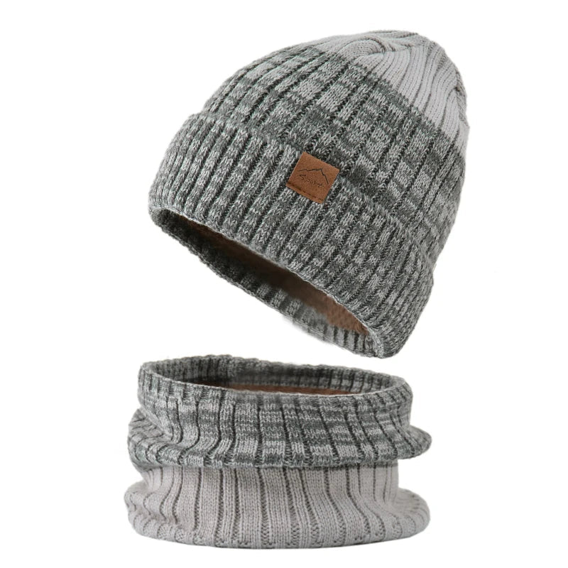 Ensemble Bonnet Snood Tricot Femme Gris Clair et Gris Foncé 