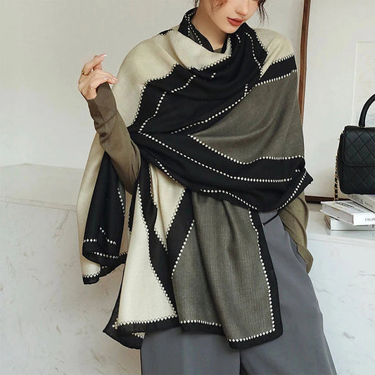 Grande Echarpe Châle Femme Beige et Noir 182*83cm