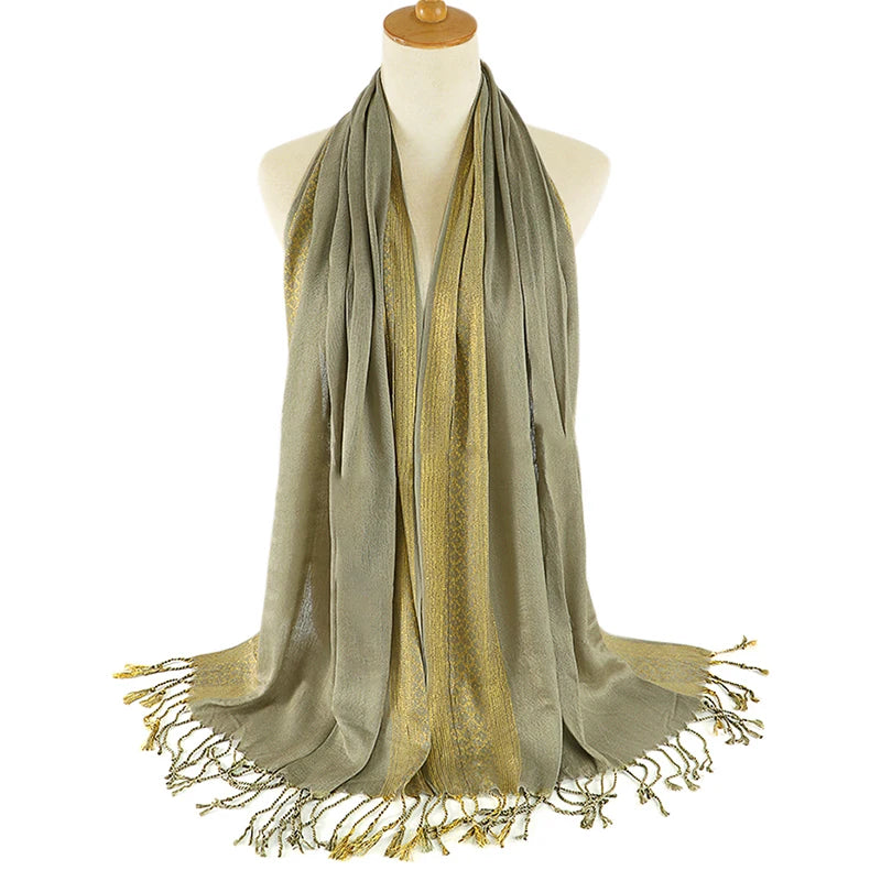 Foulard Pashima Femme - Vert Olive et Doré - 170*60cm