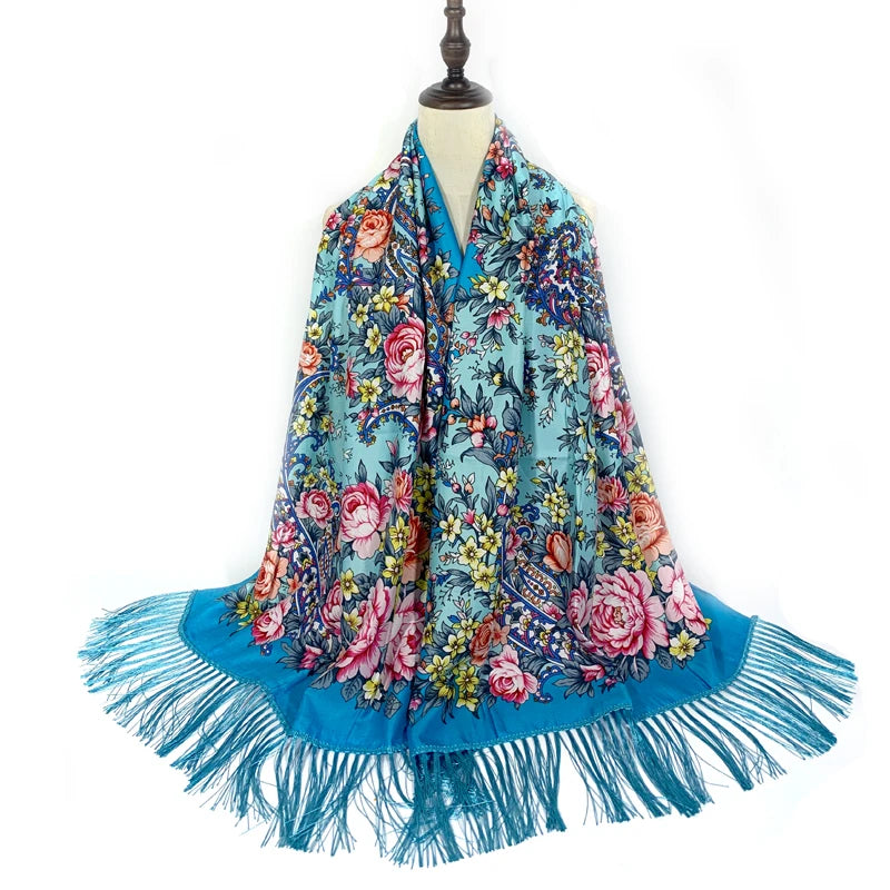 Châle Foulard Russe Turquoise et Rose Pâle 