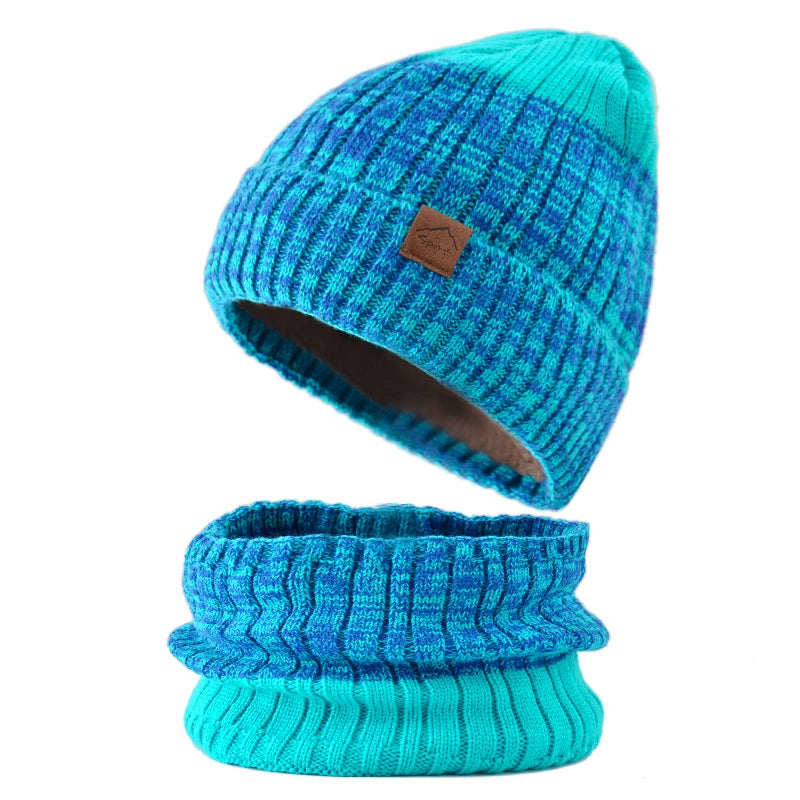 Ensemble Bonnet Snood Tricot Femme Turquoise et Cyan 