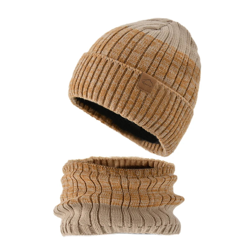 Ensemble Bonnet Snood Tricot Femme Beige et Moutarde 