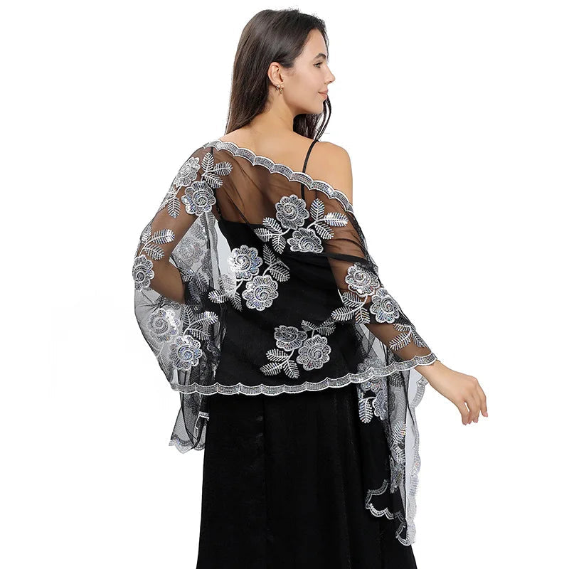 Etole Robe de Soirée Noir et Broderie Argenté 60*190cm