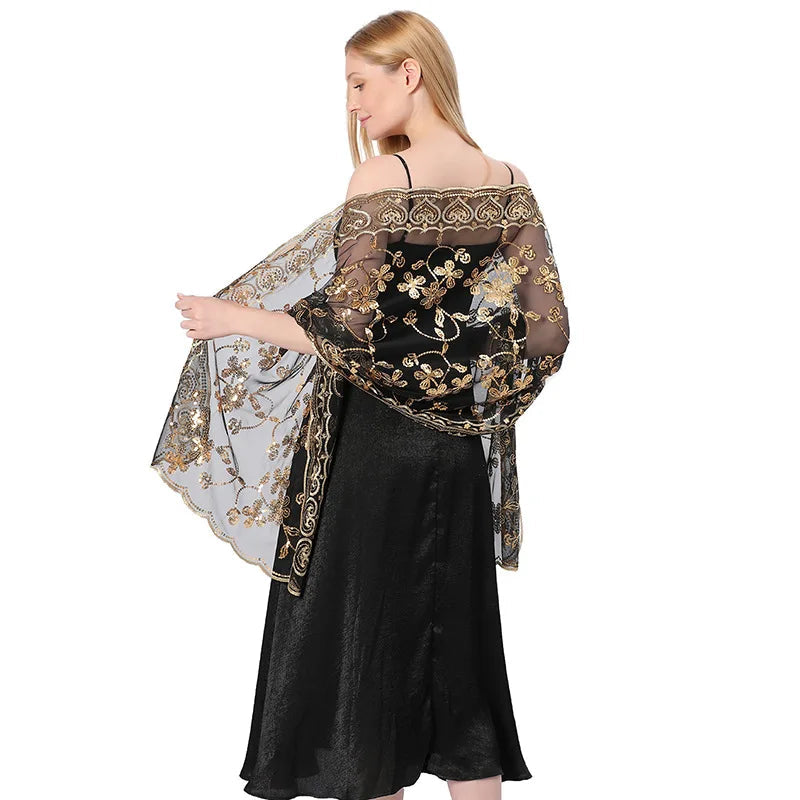 Châle Chic pour Mariage Noir et Doré 190*60cm