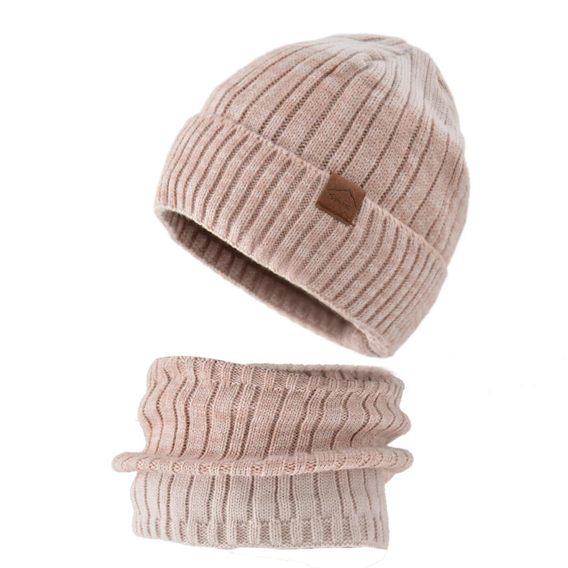 Ensemble Bonnet Snood Tricot Femme Beige Clair et Rose Poudré 