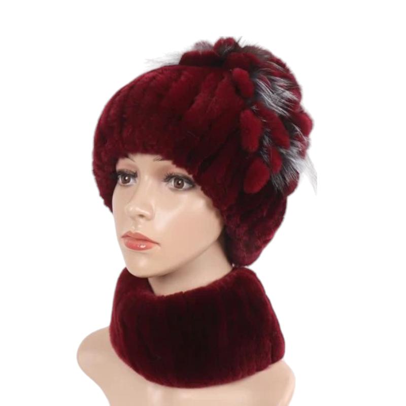 Bonnet Et Echarpe Fourrure Bordeaux et Noir Foncé 