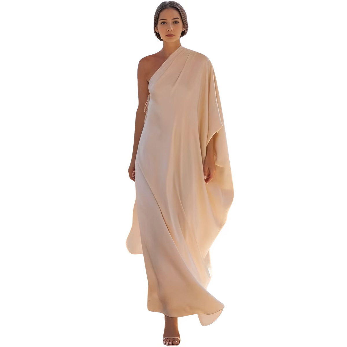 Robe de Plage Asymétrique Blanche à Épaule Dénudée - Beige