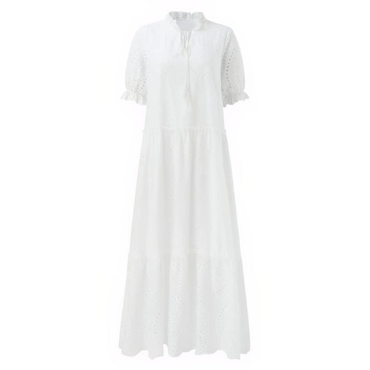 Longue Robe de Plage Blanche à Dentelles Brodées Style Bohème - Blanc