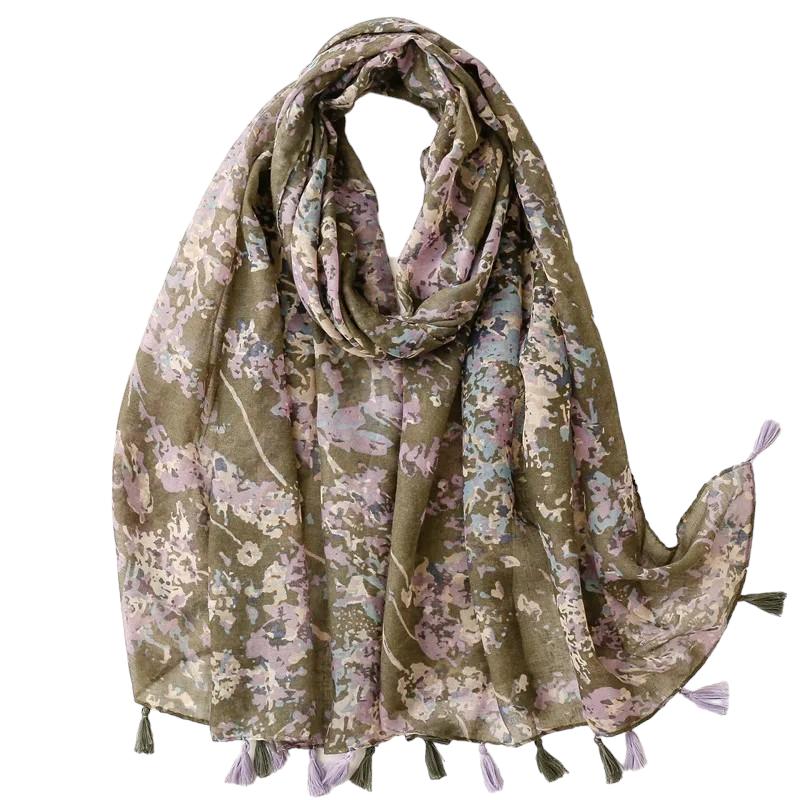 Chèche Pompon Vert Olive et Lavande 180*90cm