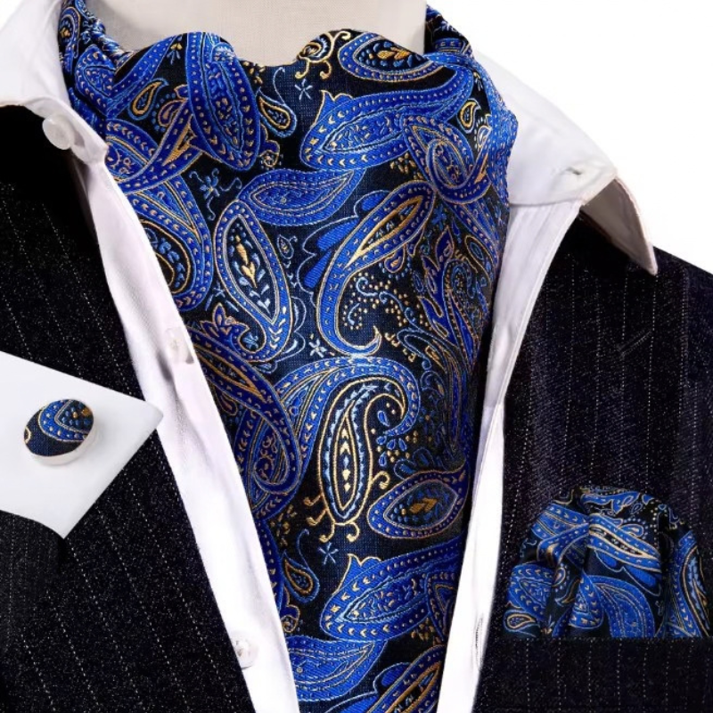 Ascot en Soie avec Boutons et Pochette Bleu Etincelant