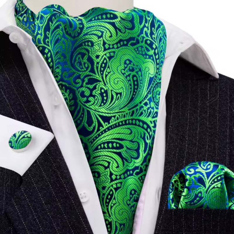 Ascot en Soie avec Boutons et Pochette Vert Fluo
