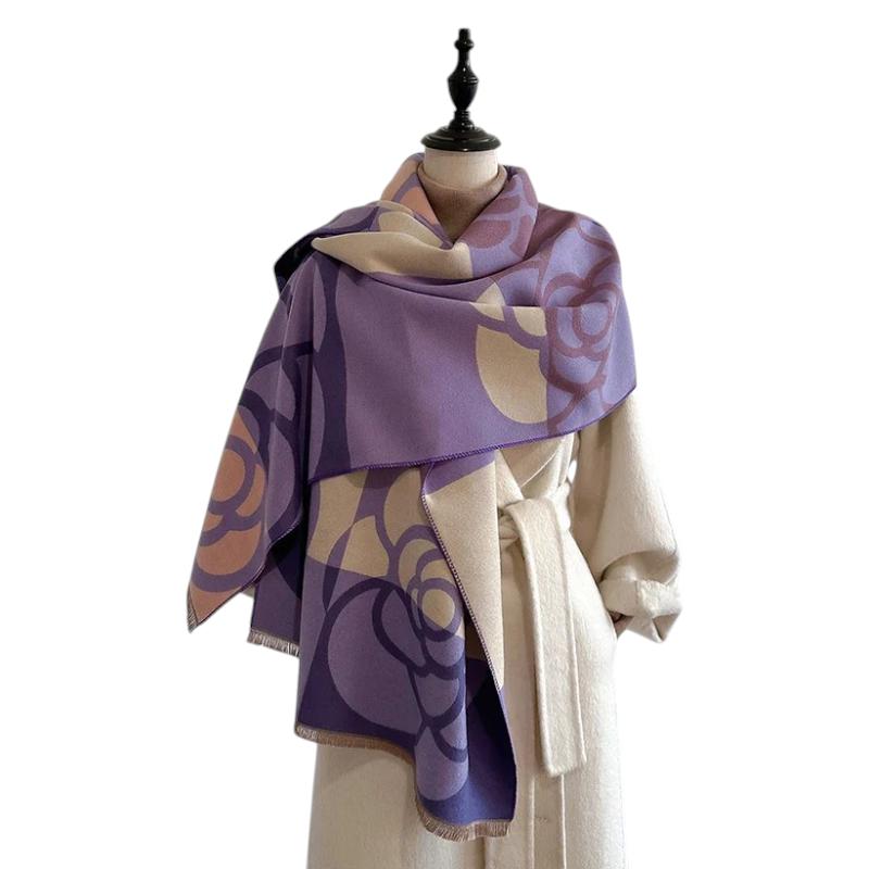 Etole à Motif Camélia Géométrique - Lavande et Beige - 185*65cm