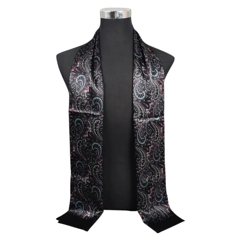 Echarpe Soie Homme à Motif Cachemire - Noir et Bleu Pailleté - 160*26cm