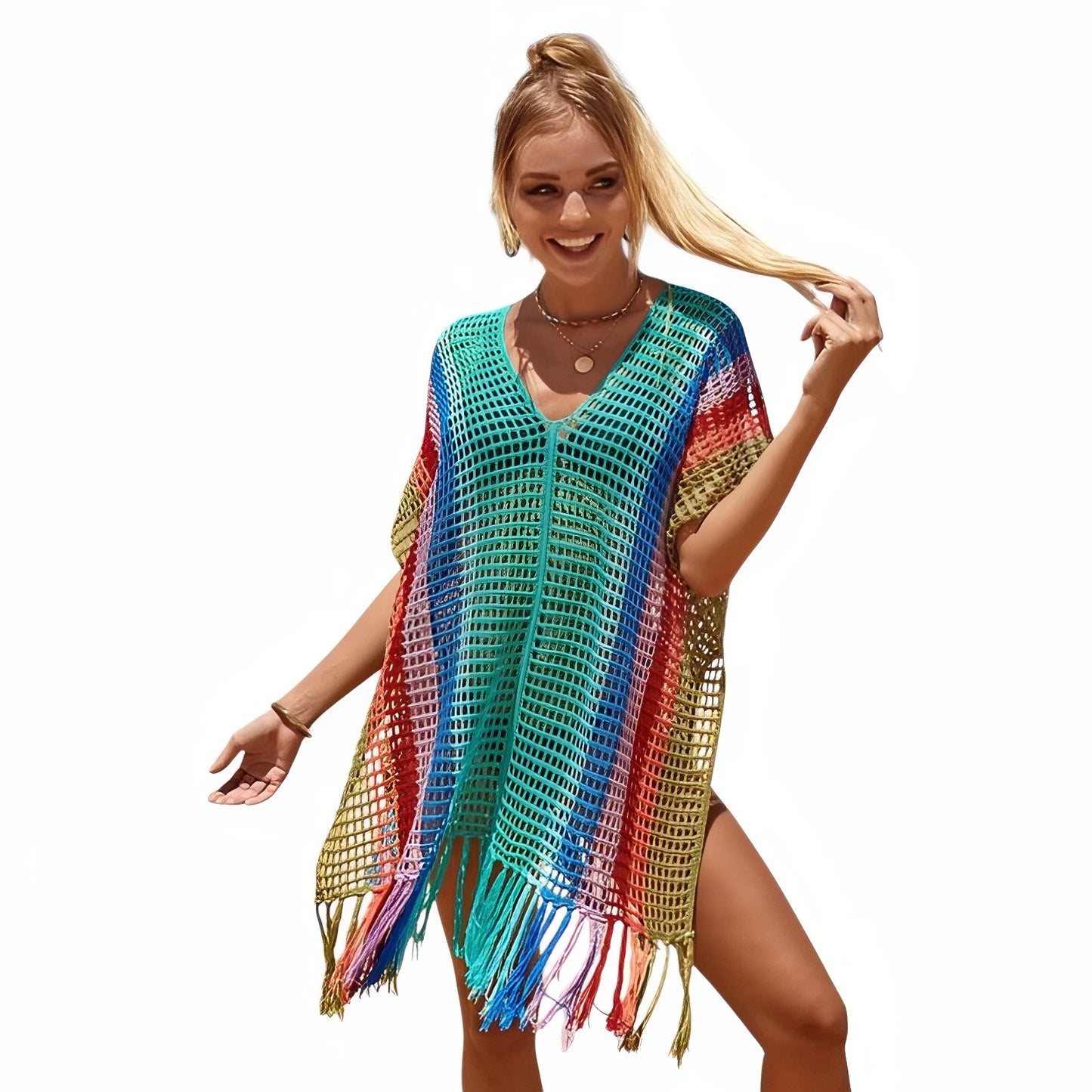 Robe de Plage Courte en Crochet Multicolore