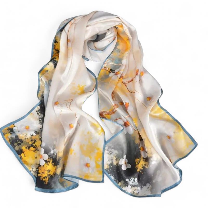 Echarpe Foulard en Soie Femme Jaune et Blanc 175*52cm