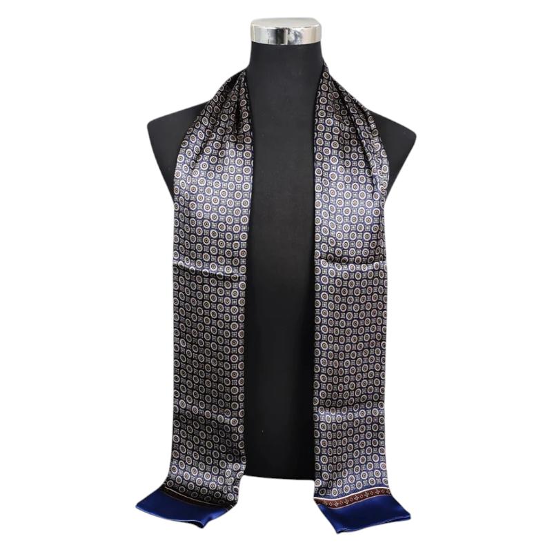 Echarpe Soie Homme à Motif Cachemire - Bleu Marine et Argent - 160*26cm