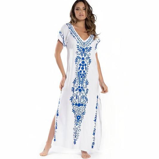 Robe de Plage Fendue Style Ethnique - Blanc - Unique