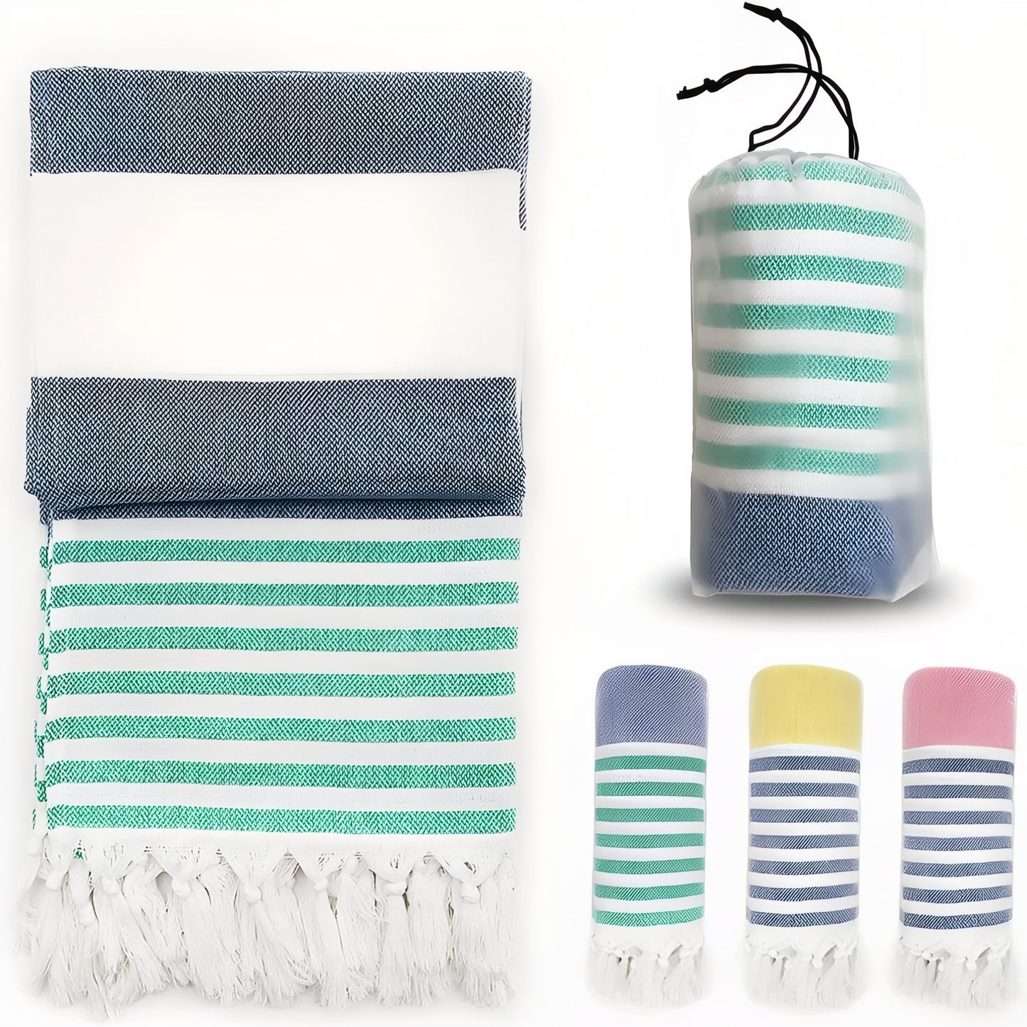 Fouta de Plage Rayé Tricolore à Franges