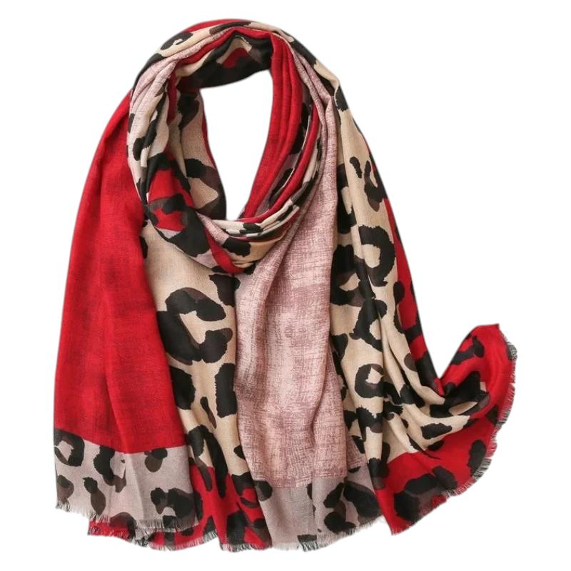 Echarpe Motif Leopard Femme - Rouge et Beige - 180x90cm