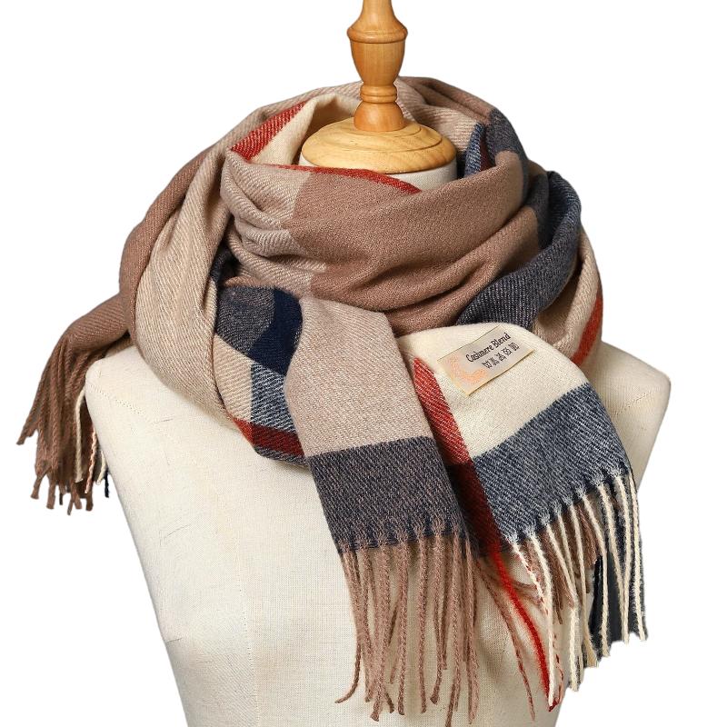 Echarpe Plaid Ecossais Beige et Bleu Marine 