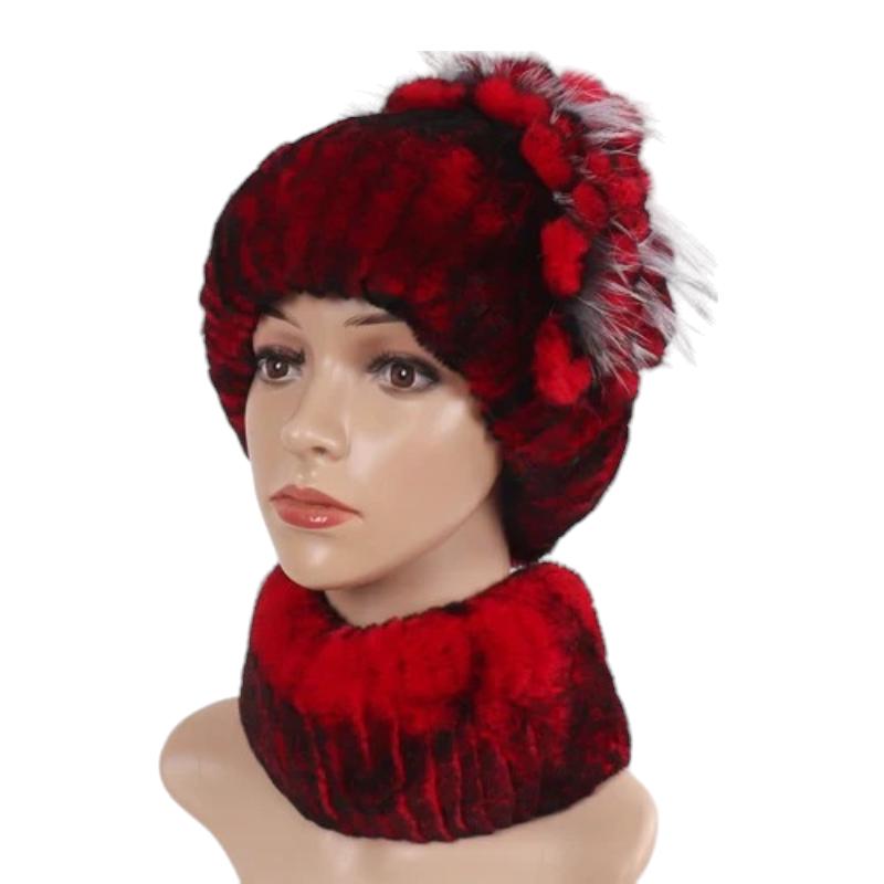 Bonnet Et Echarpe Fourrure Bordeaux et Noir Rayé 