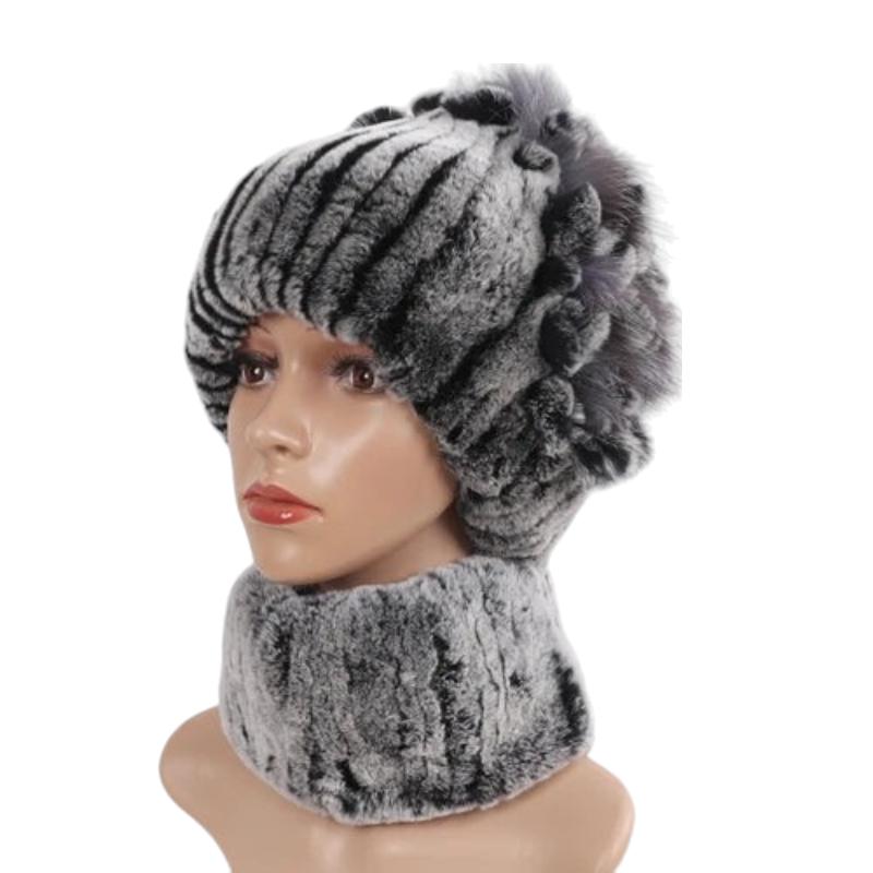 Bonnet Et Echarpe Fourrure Gris et Taupe 