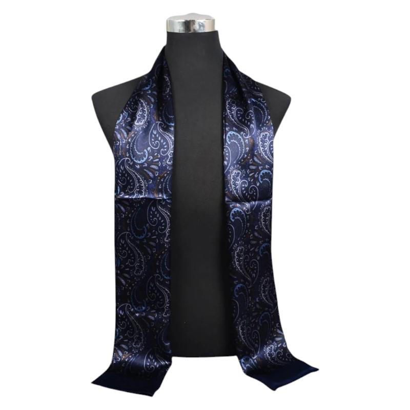 Echarpe Soie Homme à Motif Cachemire - Bleu Nuit et Or - 160*26cm
