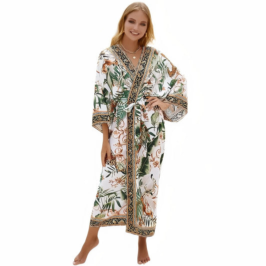 Kimono de Plage Coloré Inspiration Africaine - Vert et Crème - Unique