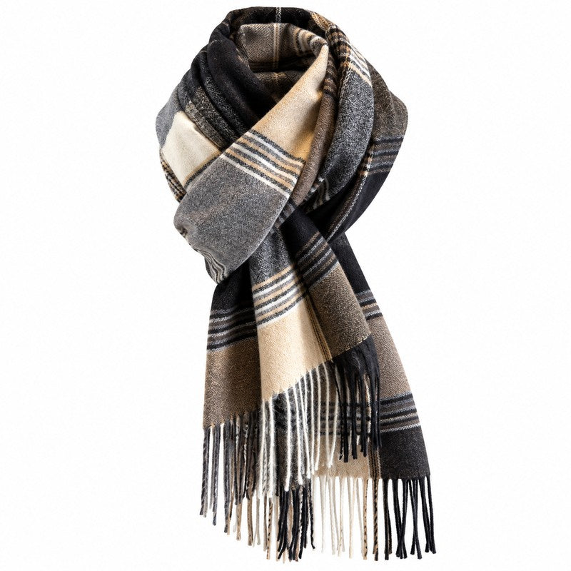 Écharpe plaid écossais noire à carreaux, nouée avec franges sur fond blanc