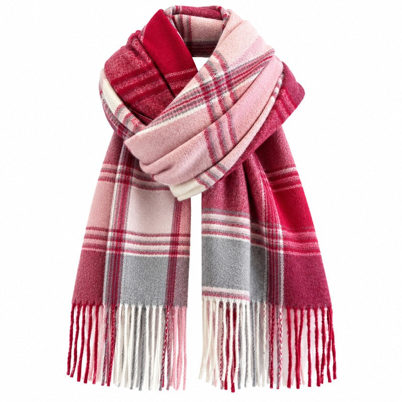 Écharpe plaid écossais rose et fuchsia à carreaux, nouée avec franges sur fond blanc
