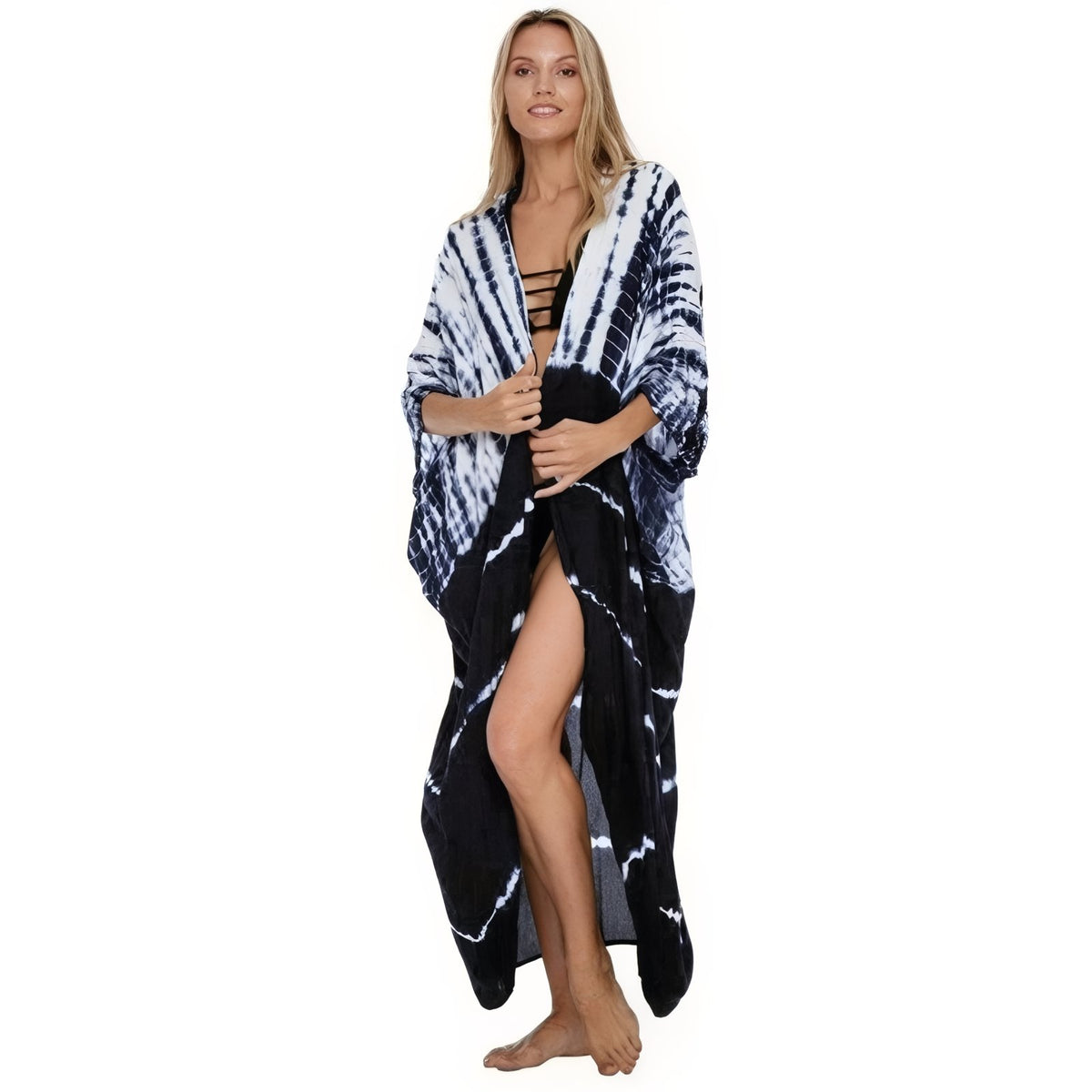 Kimono Tie and Dye à Manches Chauve Souris - Bleu marine et Blanc - Unique