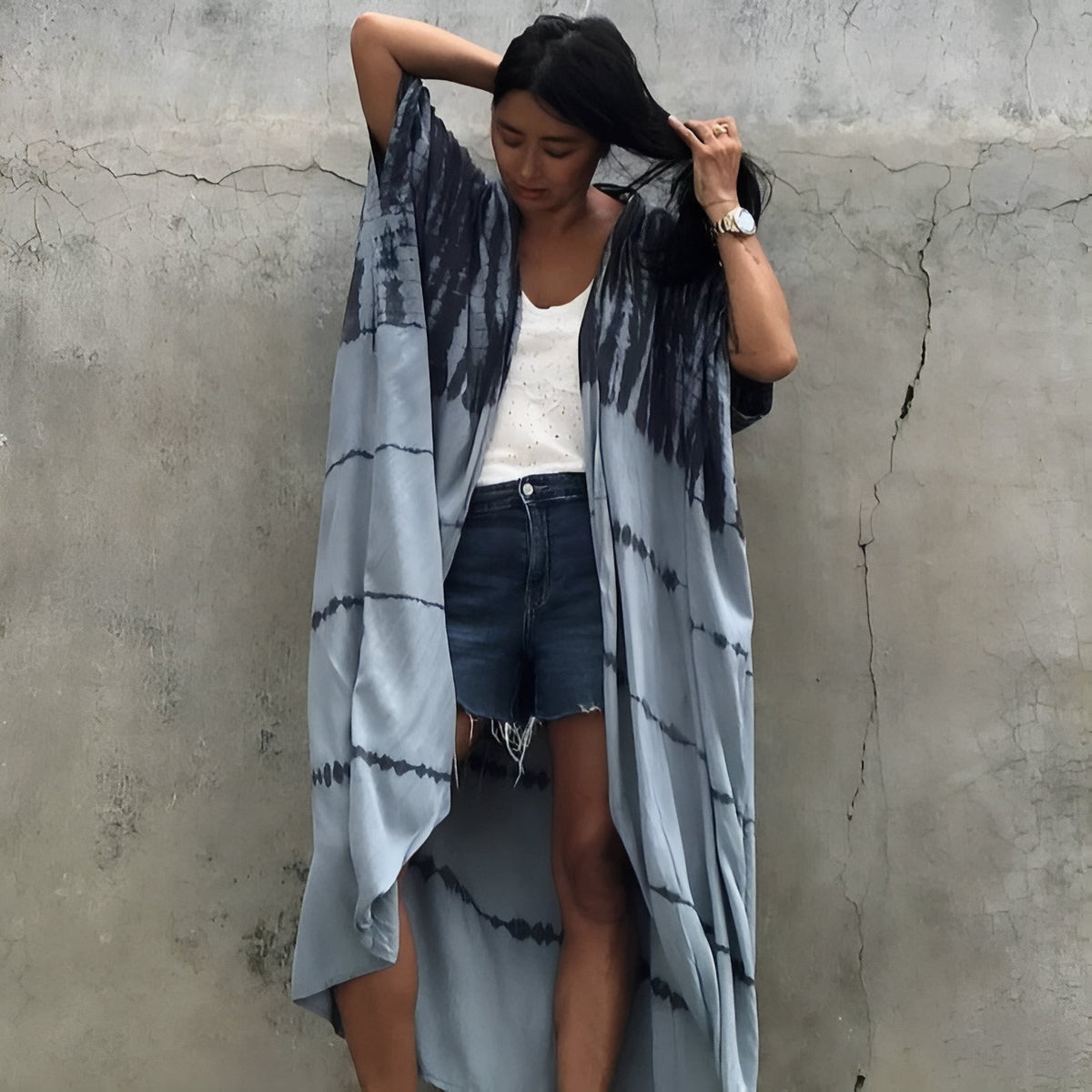 Kimono Tie and Dye à Manches Chauve Souris - Gris et Bleu - Unique