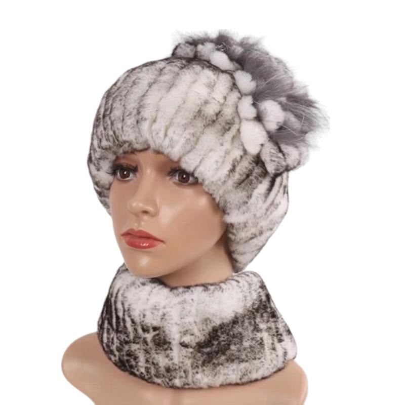 Bonnet Et Echarpe Fourrure Gris et Blanc Rayé 
