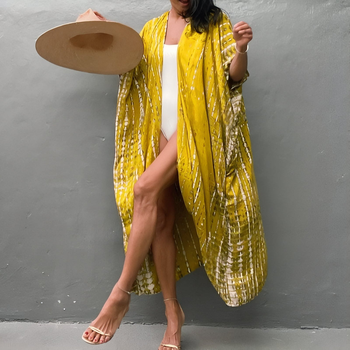 Kimono Tie and Dye à Manches Chauve Souris - Jaune - Unique