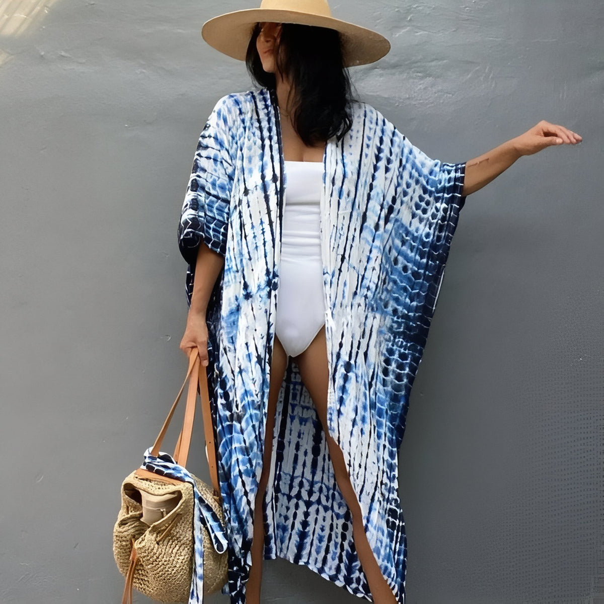 Kimono Tie and Dye à Manches Chauve Souris - Bleu et Blanc - Unique
