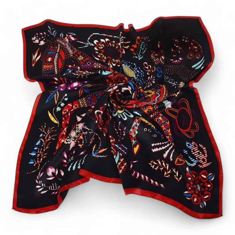 Echarpe Foulard en Soie Femme Rouge et Noir 175*52cm