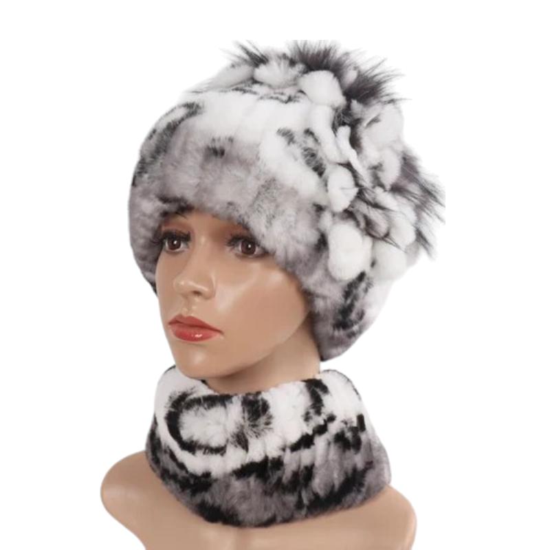 Bonnet Et Echarpe Fourrure Blanc et Gris Rayé 