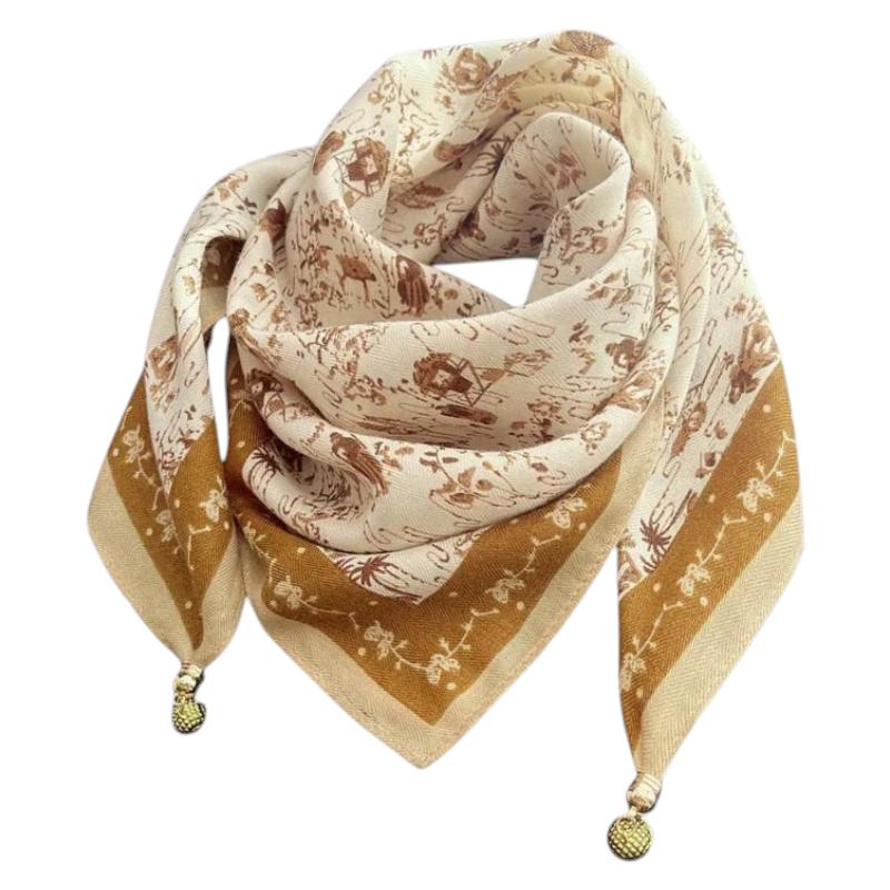 Chèche Foulard Breloques - Beige et Moutarde - 70*70cm