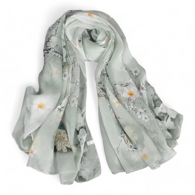 Echarpe Foulard en Soie Femme Vert Pâle et Blanc 175*52cm