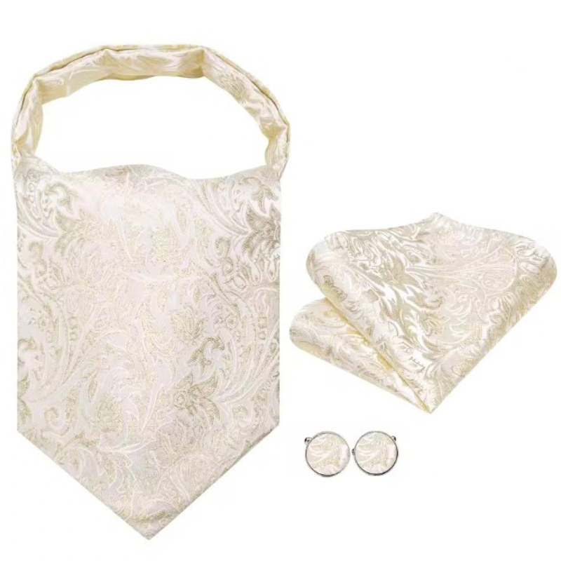 Foulard Ascot Homme en Soie Ivoire à plat avec pochette et boutons de manchette