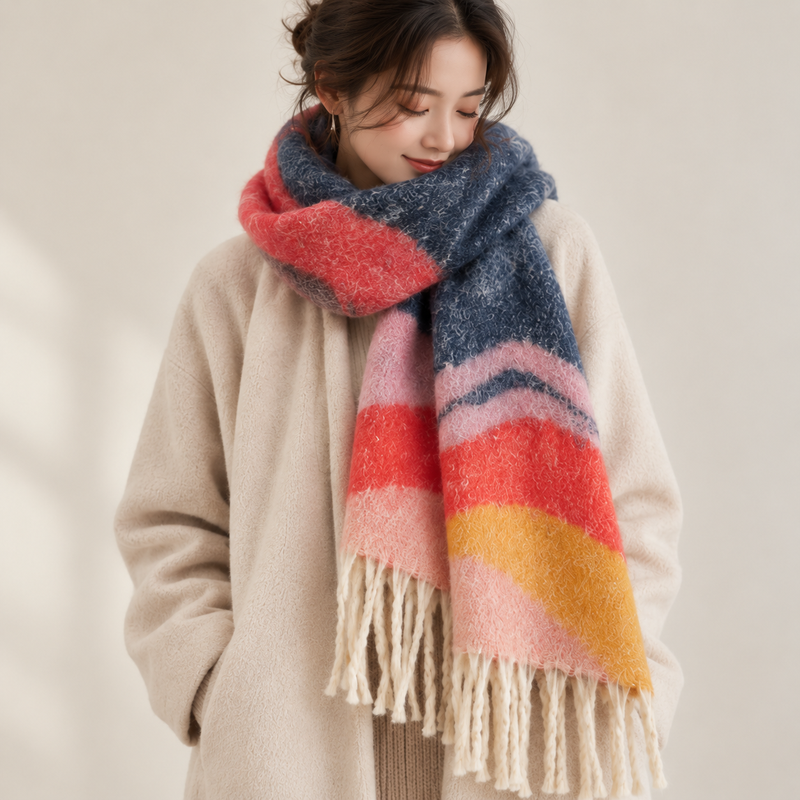 Grosse Écharpe Femme Hiver - Bleu et Corail - portée