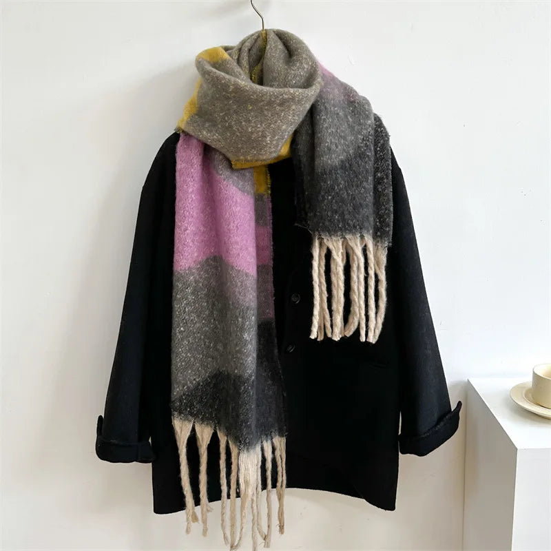 Grosse Écharpe Femme Hiver - Gris et Rose - portée
