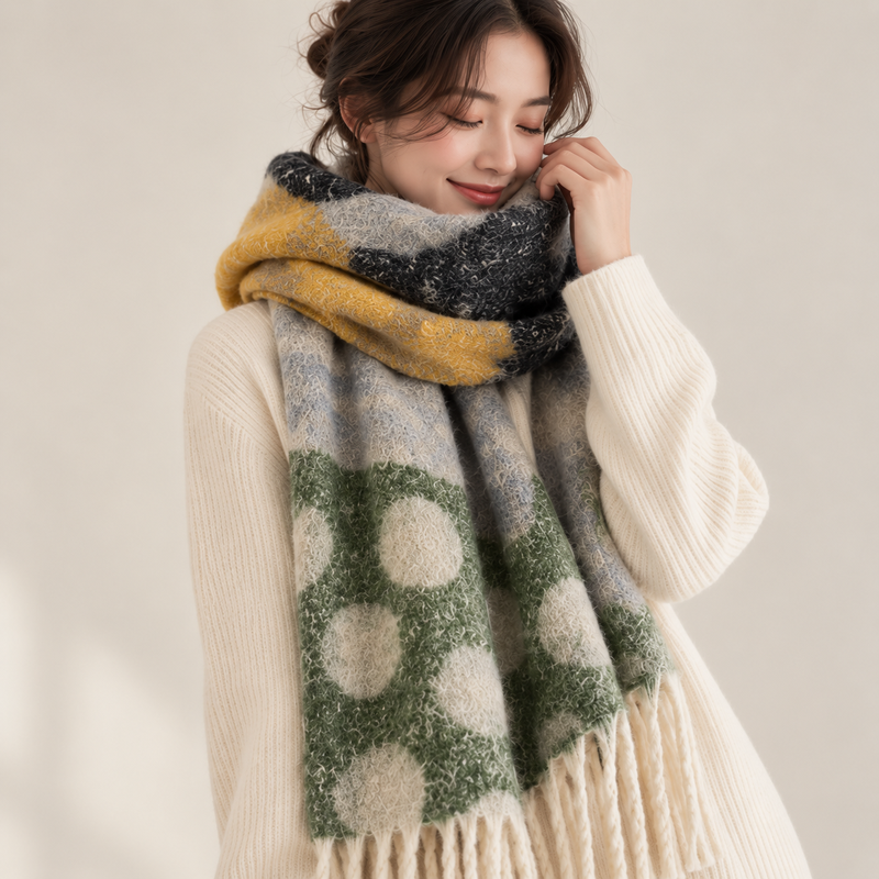 Grosse Écharpe Femme Hiver - Jaune et Vert - portée