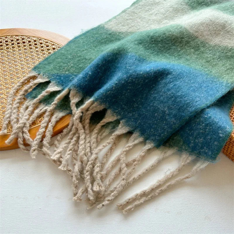 Grosse Écharpe Femme Hiver - Vert et Bleu - détail